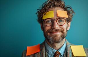 AI generated Businessman with sticky notes on shoulders on a blue background, silly office pranks image photo