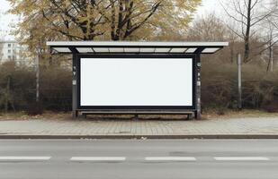 AI generated Photo of an empty billboard at a bus stop, branding marketing photo