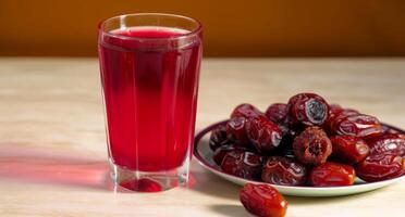 AI generated Dates with red rooh afza juice glass on table, islamic iftar picture photo