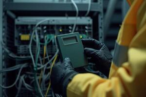 AI generated Technician with multimeter checks electrical wiring, electrical inspection concept photo