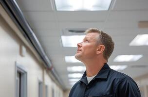 AI generated Building service technician inspecting ceiling for maintenance or repairs, ceiling inspection photo