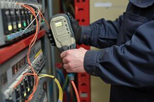 AI generated Electrician holds test instrument near power supply ensuring safety and efficiency, electrical inspection concept photo