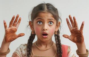 ai generado joven indio niña expresa sorpresa con manos untado en un encantador manera, personas riendo foto