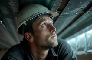 ai generado trabajador vistiendo difícil sombrero en techo trabajo, techo inspección concepto foto