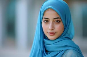 ai generado un hermosa joven islámico mujer vistiendo azul hiyab, islámico tradicional ropa foto