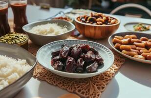 AI generated Dishes with dates rice and various foods arranged on a table, decorated ramadan tables concept photo