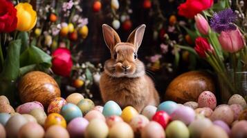 ai generado linda marrón conejito rodeado por vistoso Pascua de Resurrección huevos y primavera flores foto