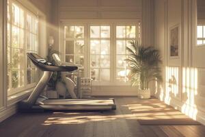 AI generated Home workout fitness corner, treadmill in a cozy setting. photo