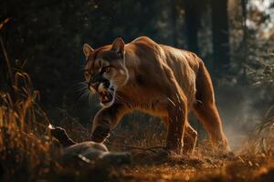 AI generated Roaring cougar or mountain lion hunts its prey photo