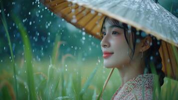 AI generated Beautiful Asian woman is happy in the rain photo