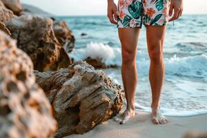 AI generated Man in swimming shorts on the beach photo