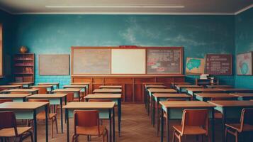 AI generated Empty classroom. Back to school concept in high school. Vintage wooden chairs and desks. Studying lessons in secondary education. photo