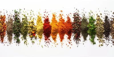AI generated Various colorful spices and herbs are arranged in a neat row on a white background. photo
