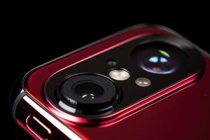 AI generated Commercial photography of a smartphone, detail on the lens lens on the back photo