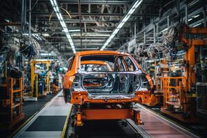 AI generated Modern car manufacturing factory, automobile assembly line, automotive industry. photo