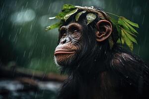 ai generado chimpancé en el lluvia y con hojas en su cabeza como un paraguas foto