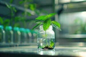 AI generated Plant research, green plant in a glass jar in a laboratory. Ecological breeding and plant development. photo