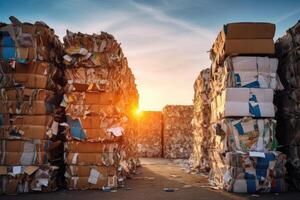 AI generated Cardboard waste pile stacked on a landfill. Recycled paper or reuse concept photo