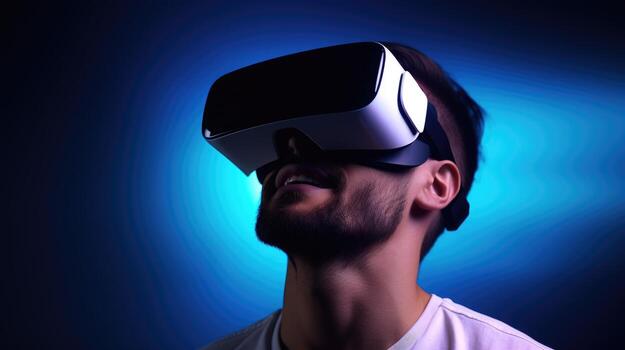 AI generated Young man using virtual reality headset. VR glasses, futuristic technology, and video game concept. photo