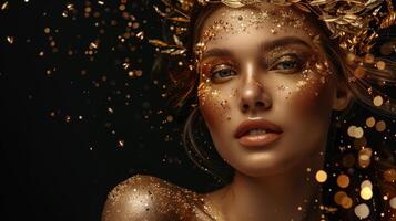 AI generated A golden woman. Beauty model girl with golden makeup and hair on black background photo