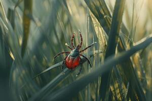 AI generated Tick with red back on a green plant photo