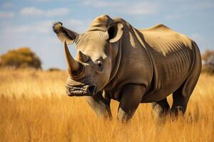 AI generated White rhinoceros grazing in a grass field. photo