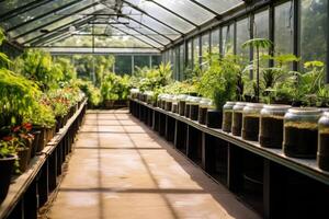 AI generated Rows of potted plants under greenhouse glass panels. Preparation for planting in spring photo