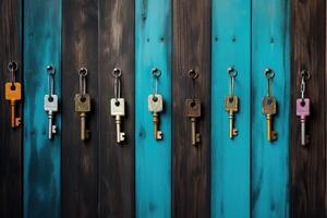 AI generated Hanging set of keys on wooden background photo