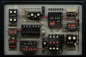 AI generated Control panel with static energy meters and circuit-breakers photo