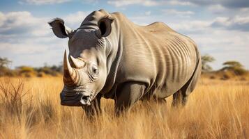 AI generated White rhinoceros grazing in a grass field. photo