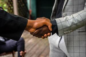 Handshake close view background. Business agreement, deal concept photo