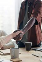 Handshake close view background. Business agreement, deal concept photo