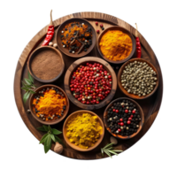 AI generated Different Kinds of Spices on Wooden Circle Shape on Transparent background - Ai Generated png