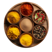 AI generated Different Kinds of Spices on Wooden Circle Shape on Transparent background - Ai Generated png