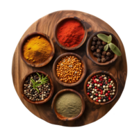AI generated Different Kinds of Spices on Wooden Circle Shape on Transparent background - Ai Generated png