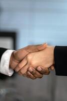 Handshake close view background. Business agreement, deal concept photo