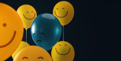 mental salud concepto. social acoso, conceptual foto de un estresado, ansiedad, Deprimido persona rodeado por contento sonriente globo