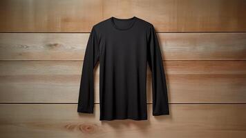 AI generated Black Long Sleeve T-Shirt on Wooden Background. Mockup. Urban Fashion, Customizable Design, Cozy Comfort, Winter Essential. photo
