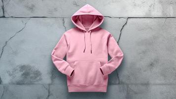 AI generated Pink Hoodie on Concrete Background. Mock up. Urban Fashion, Customizable Design, Cozy Comfort, Street Style. photo
