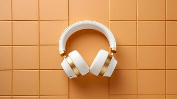 AI generated White headphones on orange tile background. Top view. Music concept. photo