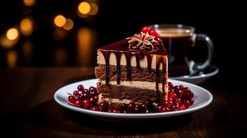 AI generated Piece of chocolate cake with cranberries and coffee on wooden table. Cake concept. Food concept. photo