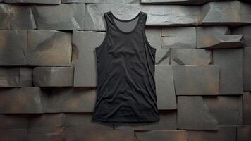 AI generated Black Tank Top Mockup on Stone Wall Background. Urban Fashion, Customizable Design, Summer Essential. photo