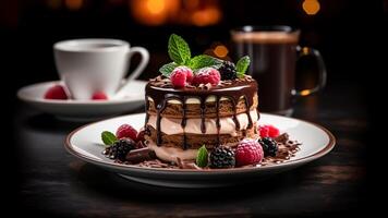 AI generated Chocolate cake with raspberries and mint on a wooden table. Cake concept. Food concept. photo