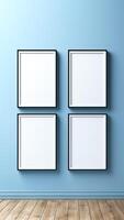 AI generated Four empty picture frames on blue wall. Mockup. photo