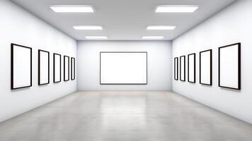 AI generated Gallery interior with blank picture frames on wall. Mockup. photo