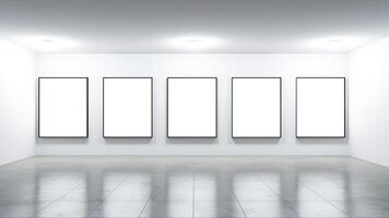AI generated Empty gallery interior with blank frames on wall. Mockup. photo