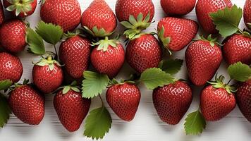 AI generated Strawberries with green leaves on a white wooden background. Healthy food concept. photo