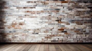 AI generated Old Room with Brick Wall and Wooden floor, Vintage Background. Decor and Interior Design Concept. photo