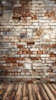 AI generated Old Brick Wall and Wooden Floor. Interior Background. Vintage Style. Decor and Interior Design Concept. photo