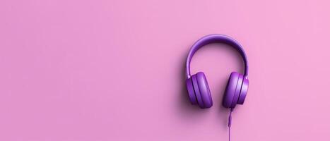 AI generated Purple Headphones on a Pink Background with Copy Space. - Perfect for Music Lovers. Music Day Concept. photo